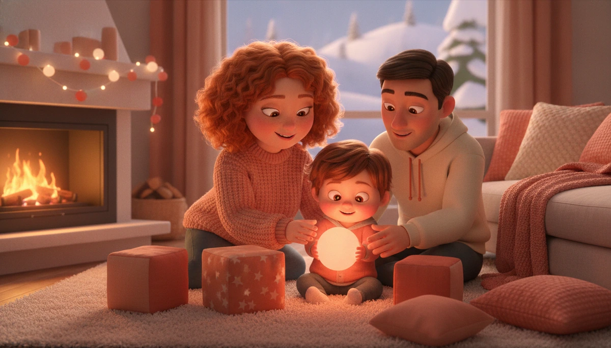 Family with neurodivergent child enjoying a calming winter indoor activity together.
