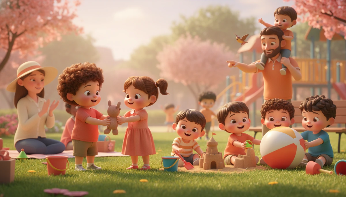 Children in a park happily sharing toys and playing together under the sun.