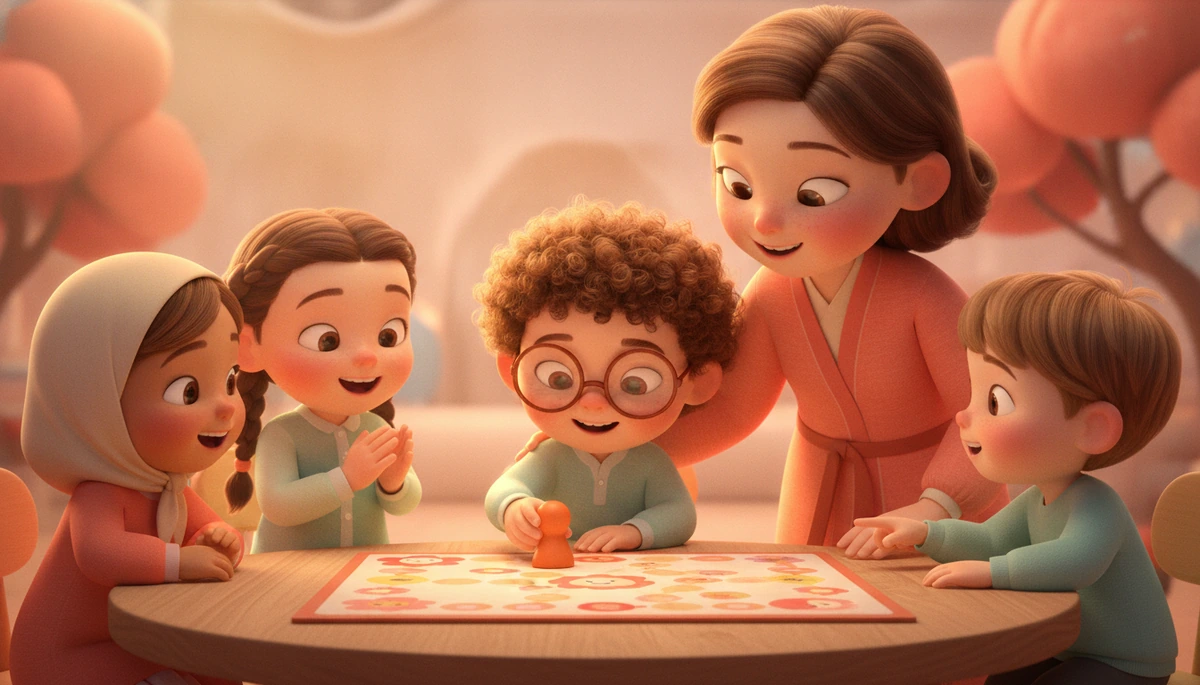 Children playing a board game, taking turns with the guidance of an adult.