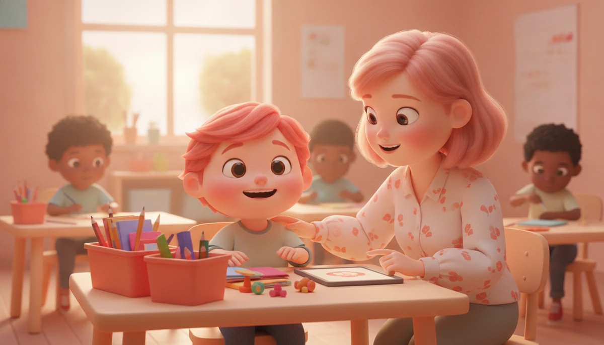 Child with ADHD organizing desk with teacher's help, smiling.