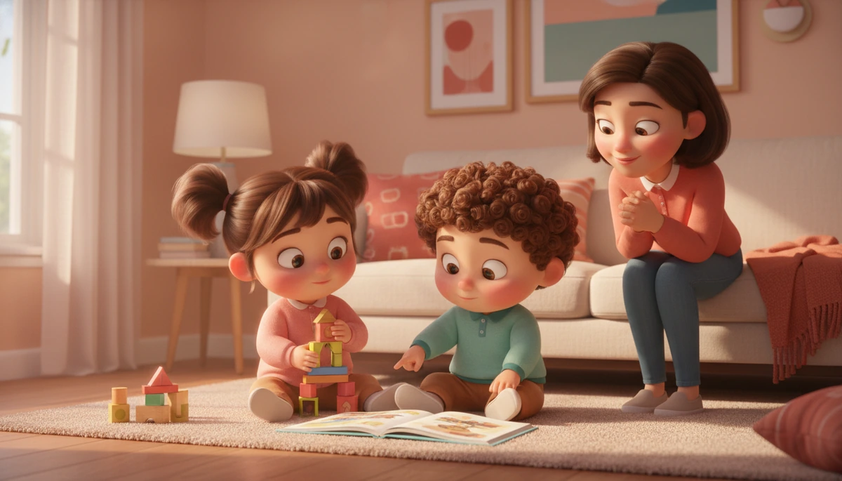 Two children discussing calmly in a living room while a parent looks on supportively.