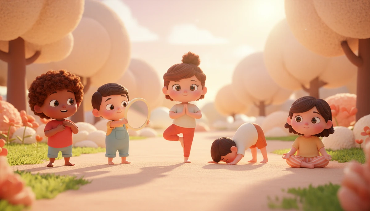 Children practicing body awareness activities in a park, illustrating self-awareness development.