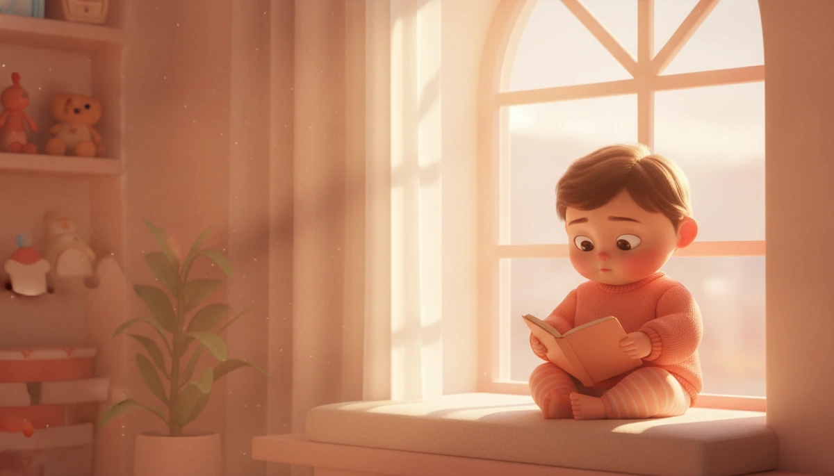 Child sitting by a window with a journal, reflecting in sunlight.