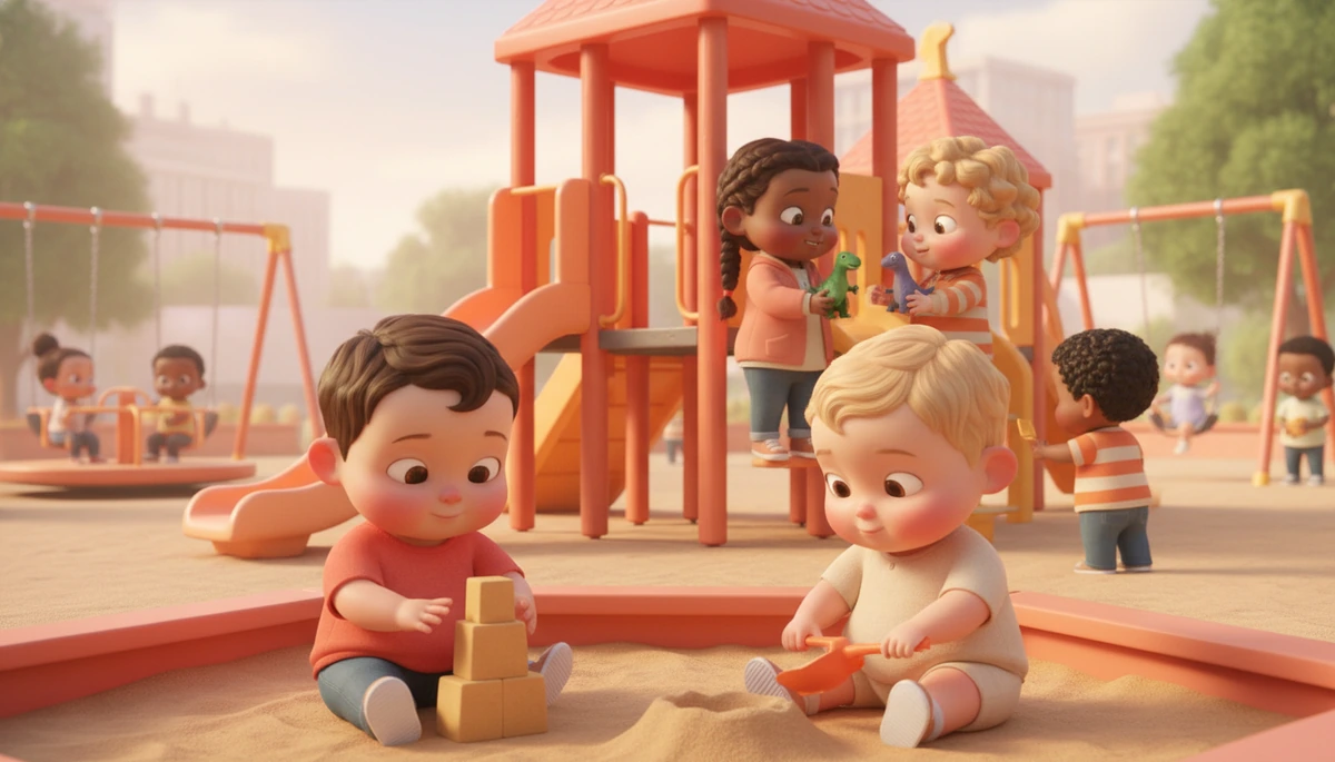 Children engaging in different styles of play at a playground, illustrating diverse social interactions among autistic kids.