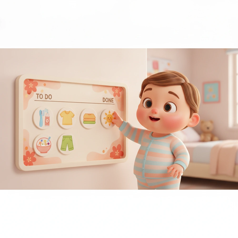 Morning routine visual schedule with icons for tasks.
