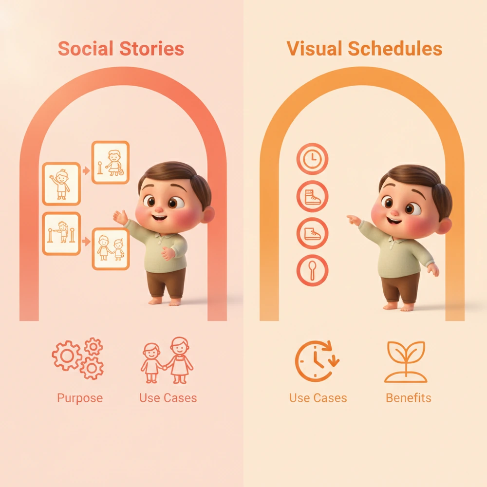 Infographic comparing social stories and visual schedules.