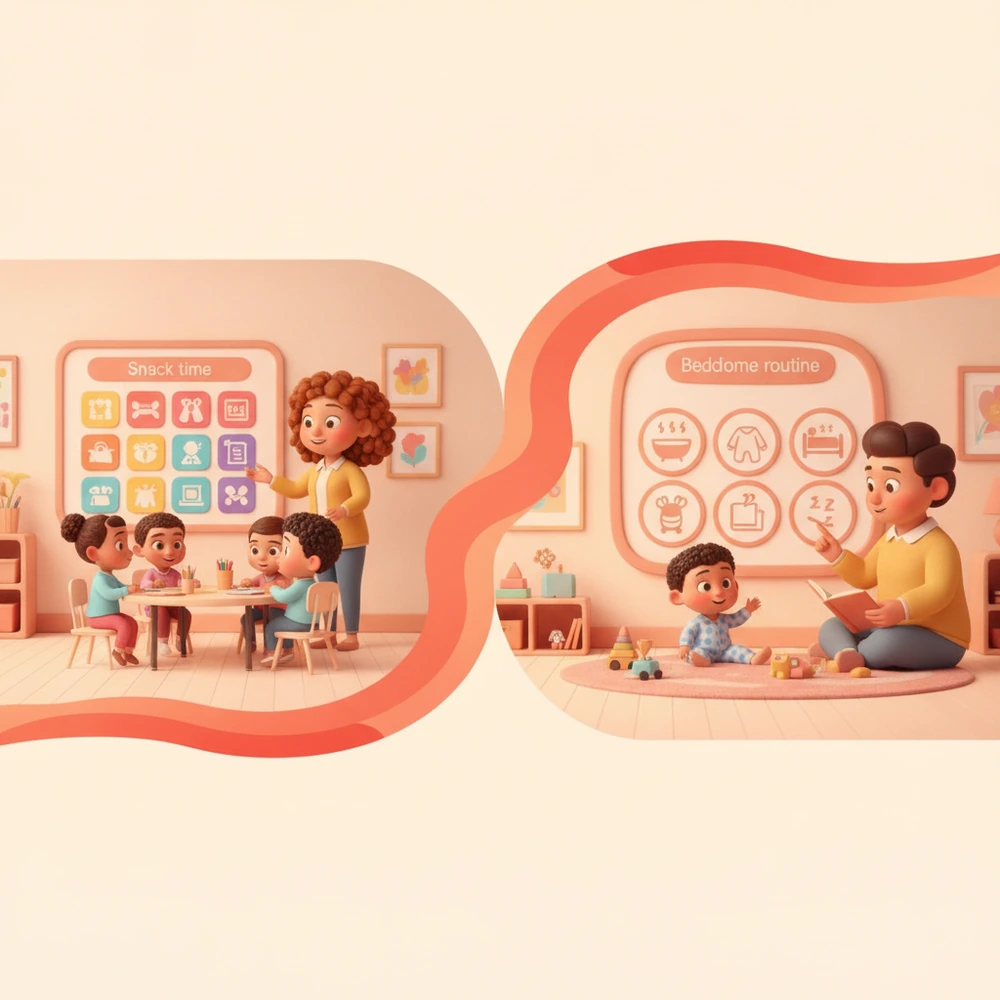 Infographic comparing school and home transitions for ADHD children.