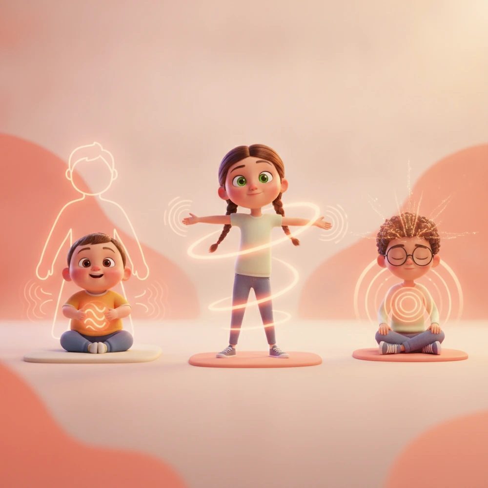 Illustration of children practicing body scans with age-specific instructions.
