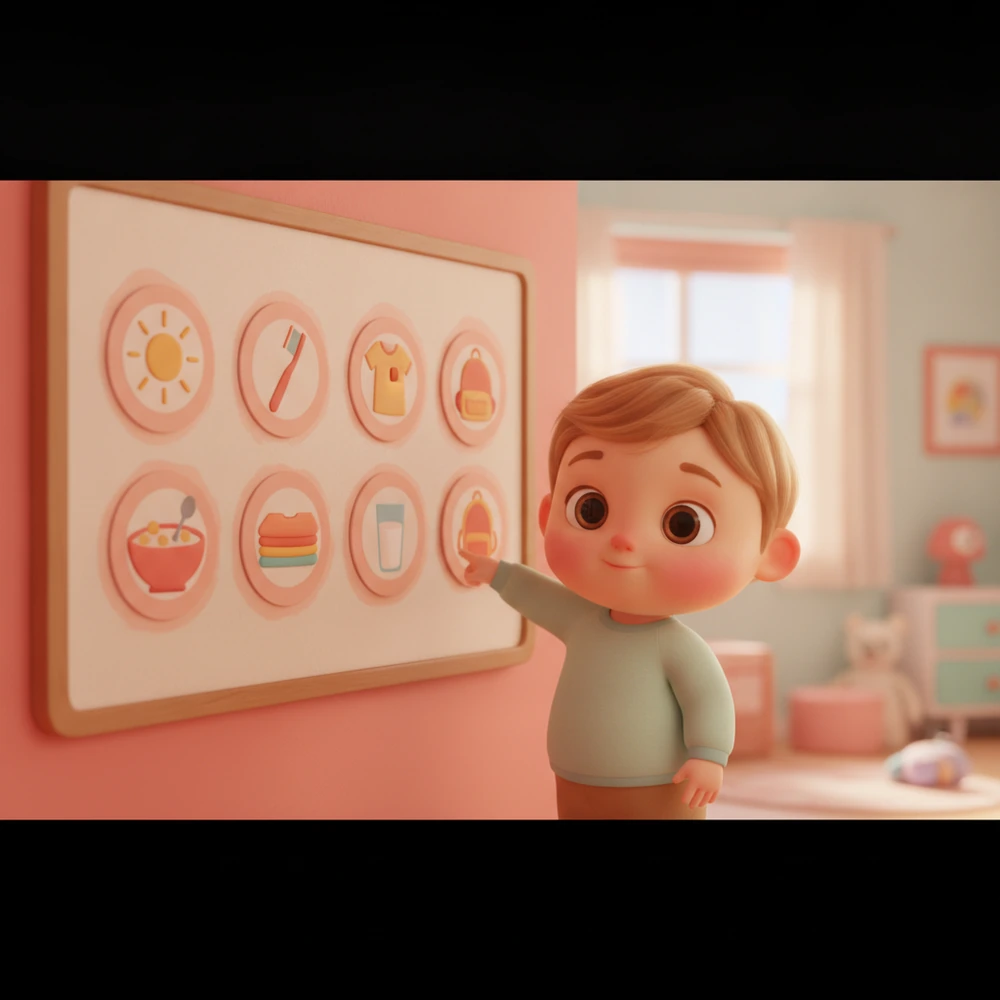 Morning routine visual schedule with simple icons.