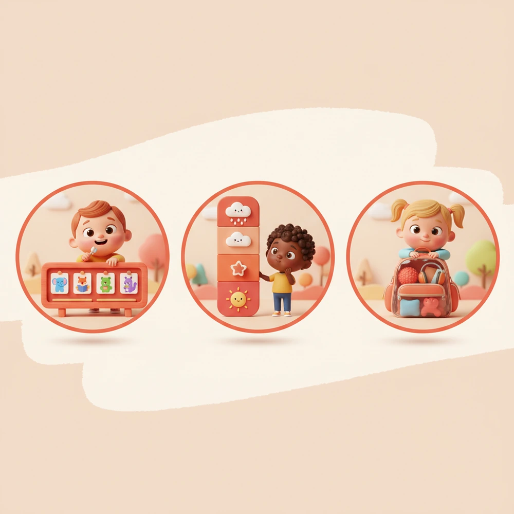 Infographic of visual supports for autistic children including schedule boards and emotion thermometers.