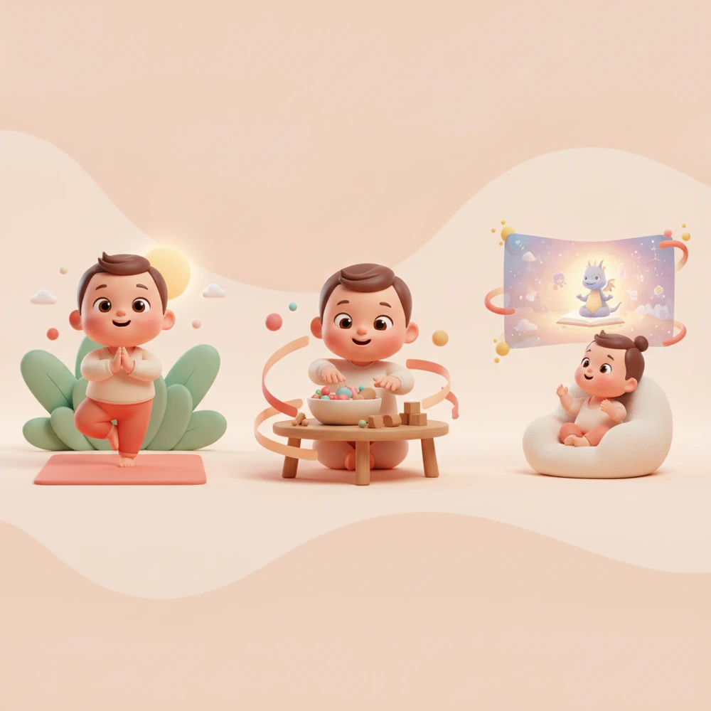 Infographic of yoga, sensory activities, and story-wrapped mindfulness for kids.