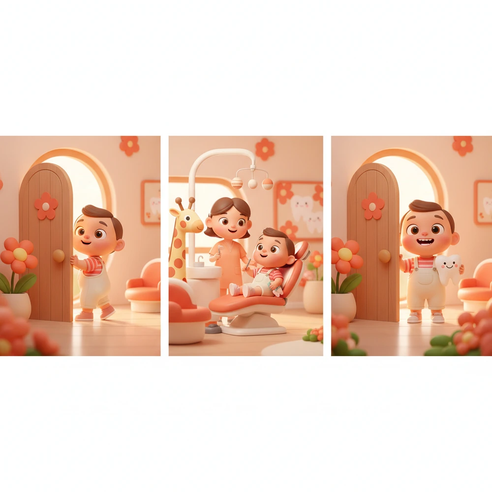 Storyboard of a child's dental visit with simple illustrations.