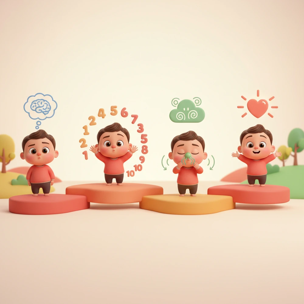 Infographic of steps for emotional regulation: recognize emotions, count to ten, breathe deeply, use affirmations.