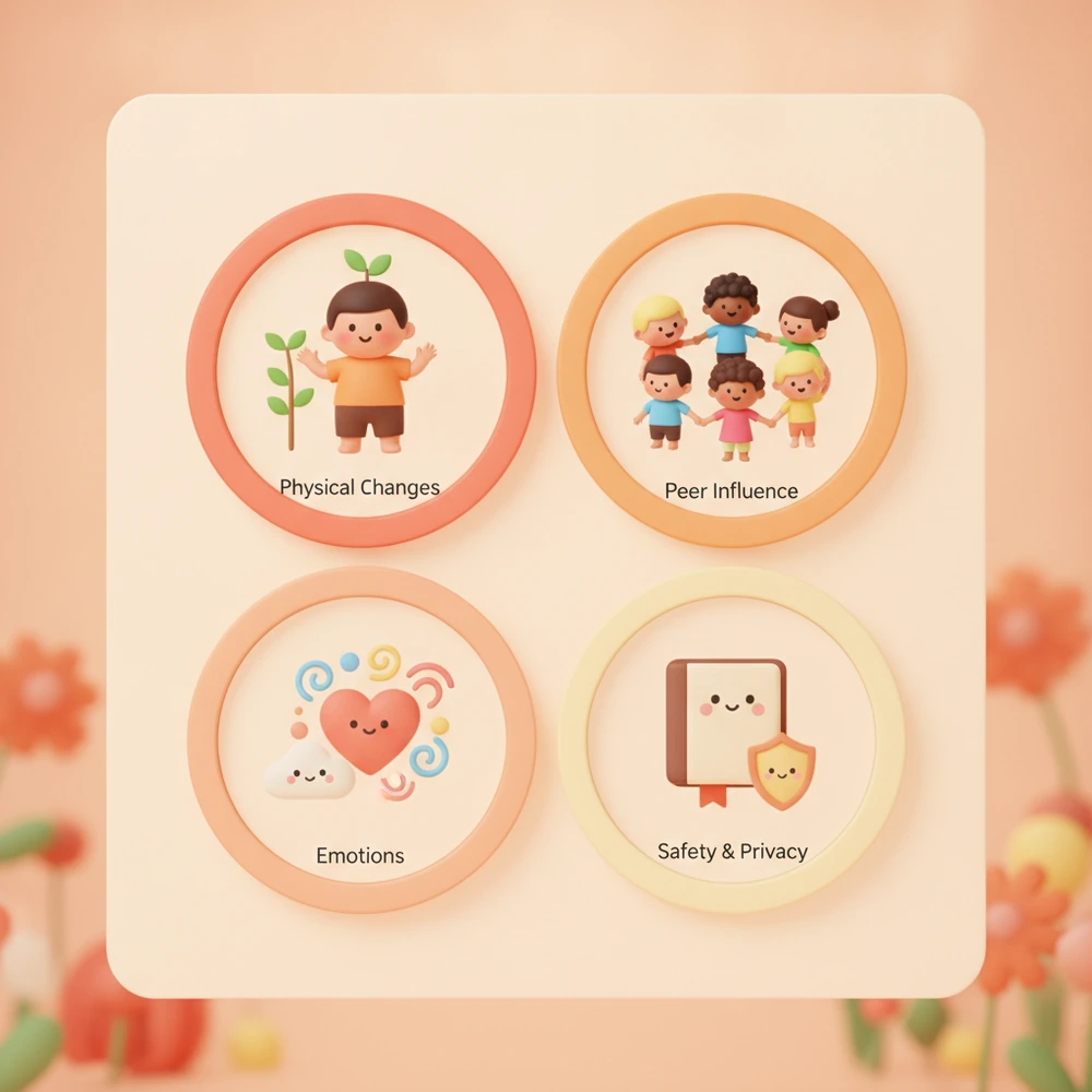 Infographic of four key puberty topics for kids: physical changes, emotions, peer influence, safety/privacy.