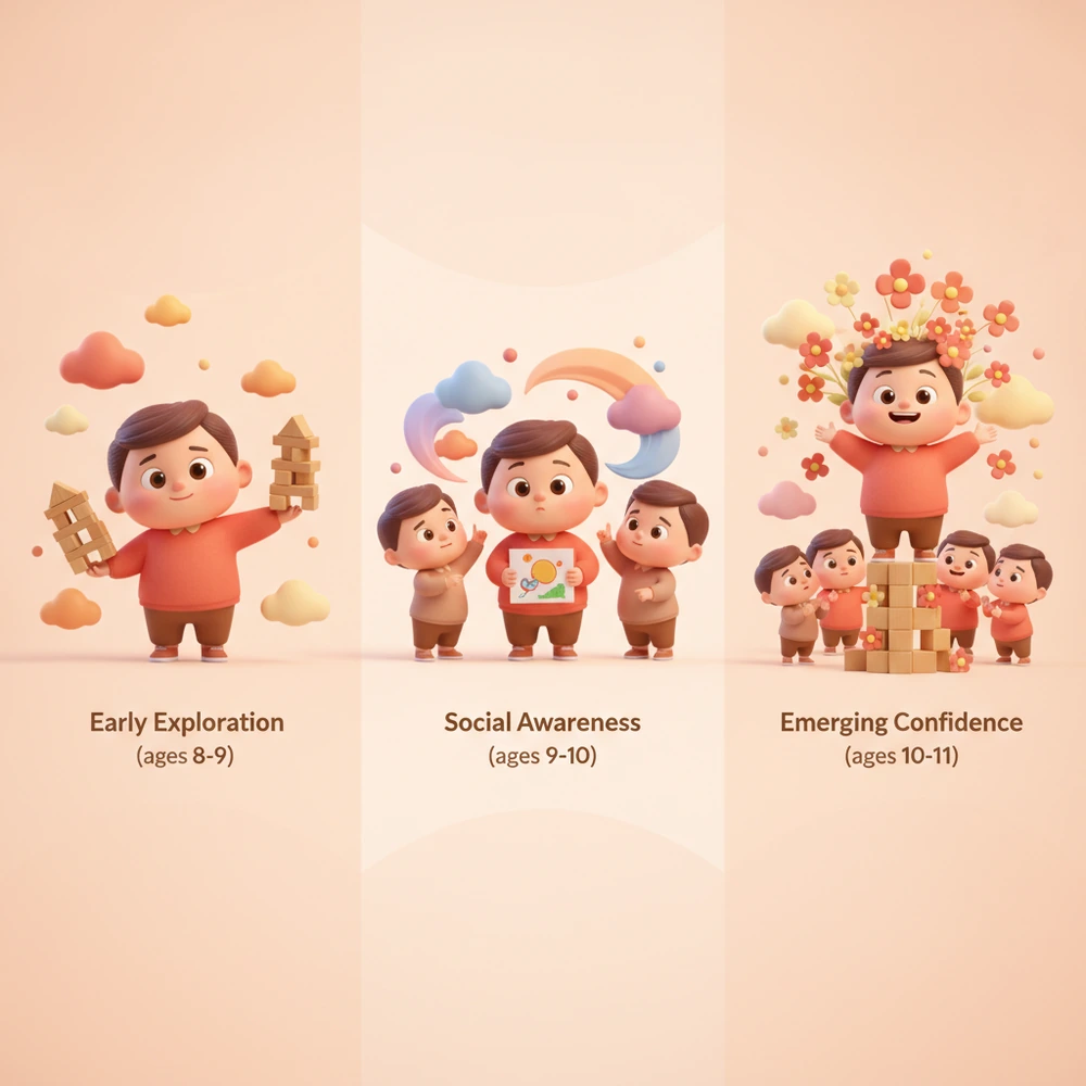 Infographic of self-esteem development stages for children aged 8-11.
