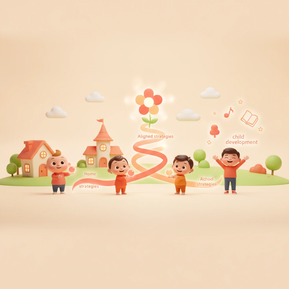 Infographic on aligning home and school strategies for child development.
