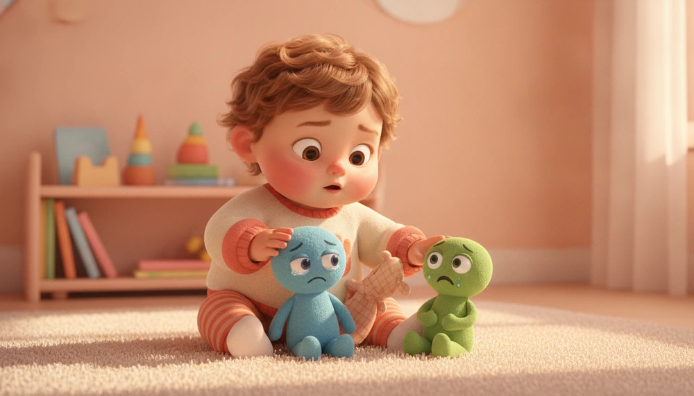 Child playing with dolls, learning about emotions.