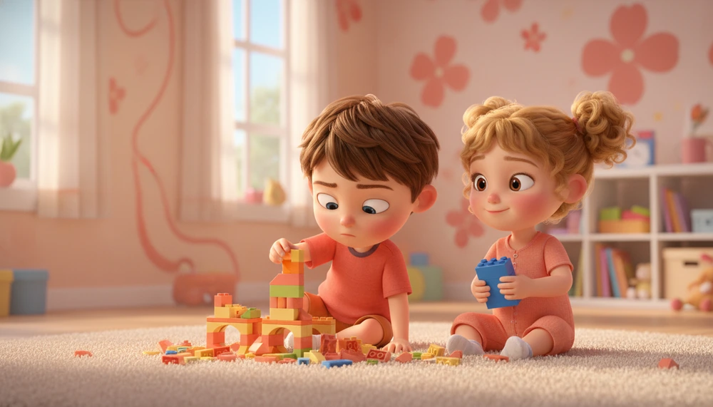 Autistic child and peer building LEGO together, showing connection through shared interest.