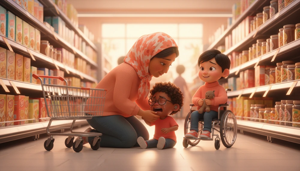 Parent co-regulating with a child during a supermarket tantrum.