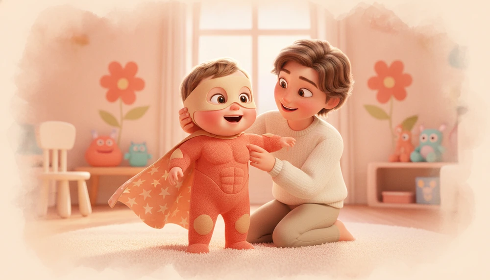 Child trying on a sensory-friendly superhero costume with parent.