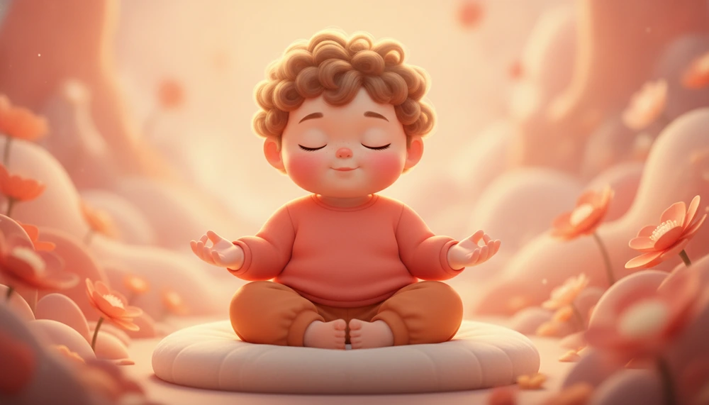 Child practicing mindful breathing in a calm setting.