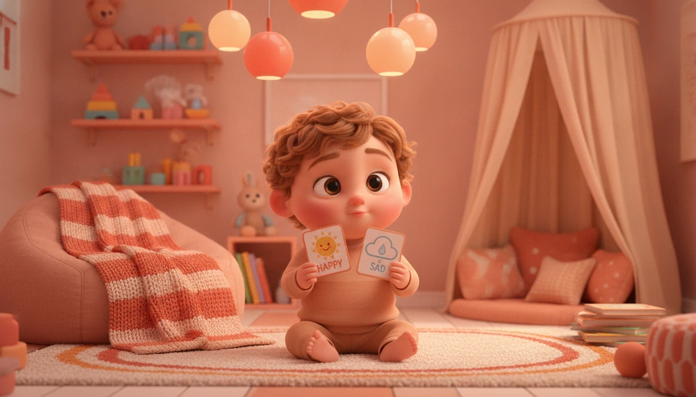 Autistic child using emotion cards in a sensory-friendly room.