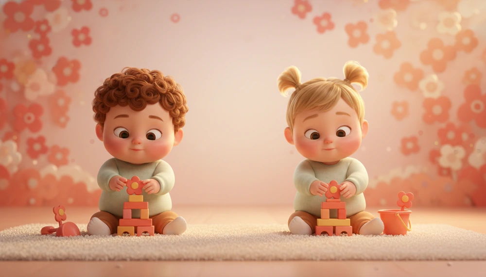 Two toddlers playing side by side with identical toys.