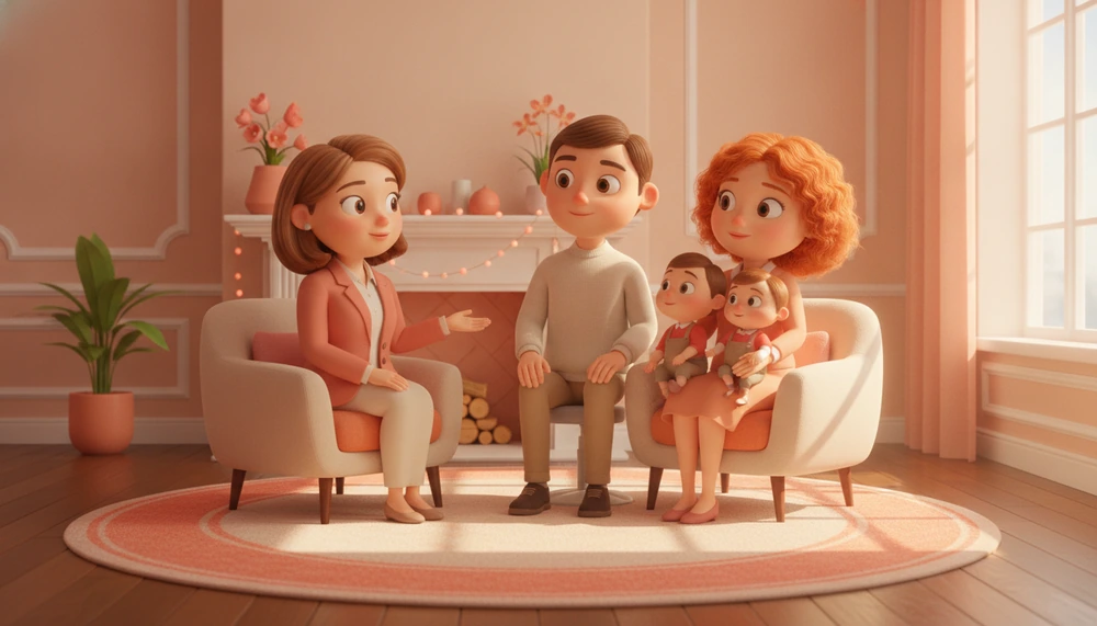 A family and therapist having a discussion about therapy progress in a comfortable setting.