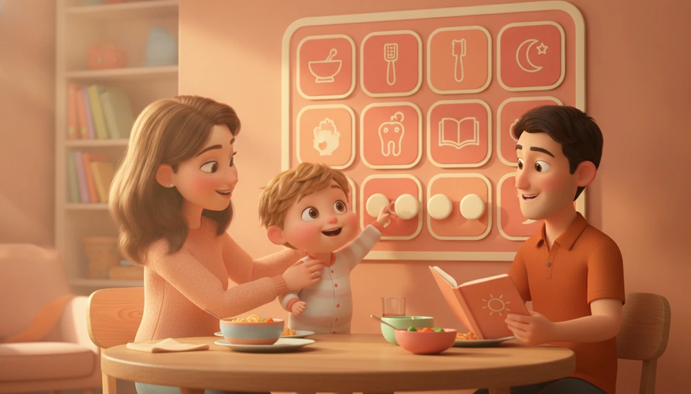 Family using a visual schedule to plan dinner activities.