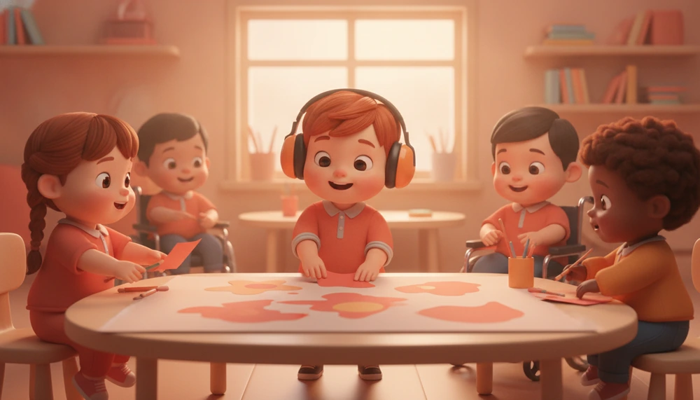 Autistic child with headphones in a group project