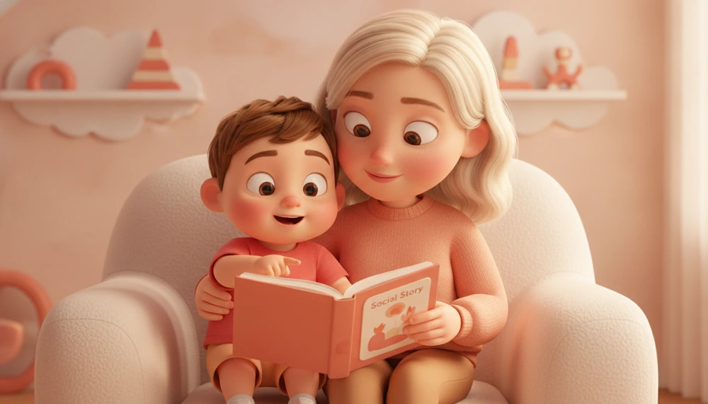 Child and parent reading a social story together.