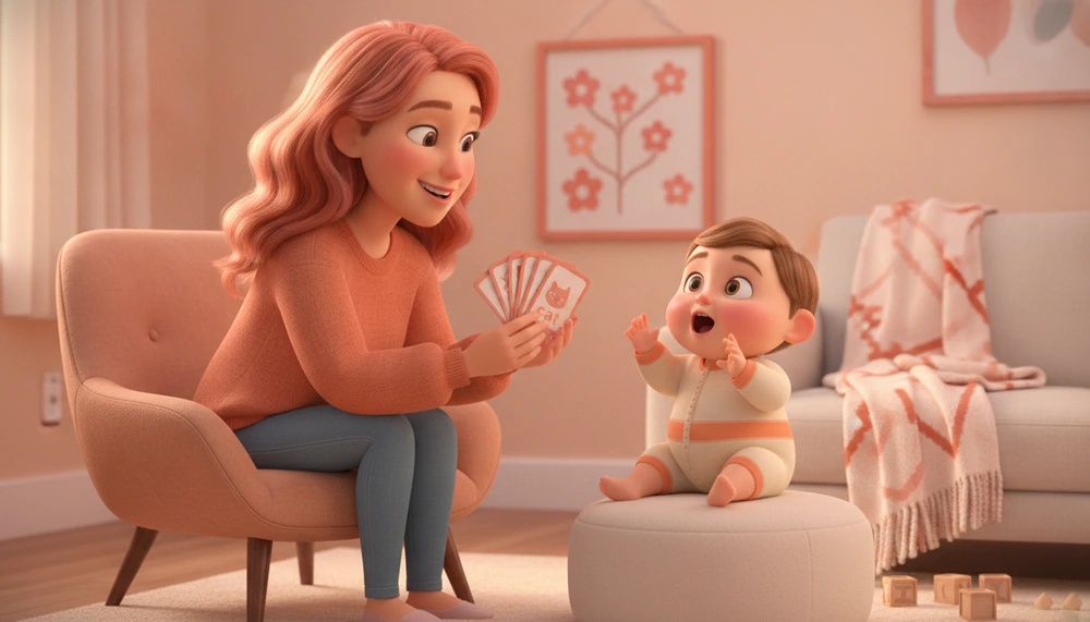 Parent and child practicing speech therapy at home.