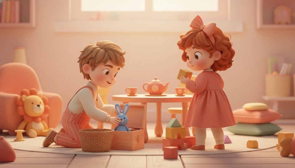 Children playing out the Sally-Anne test with toys.