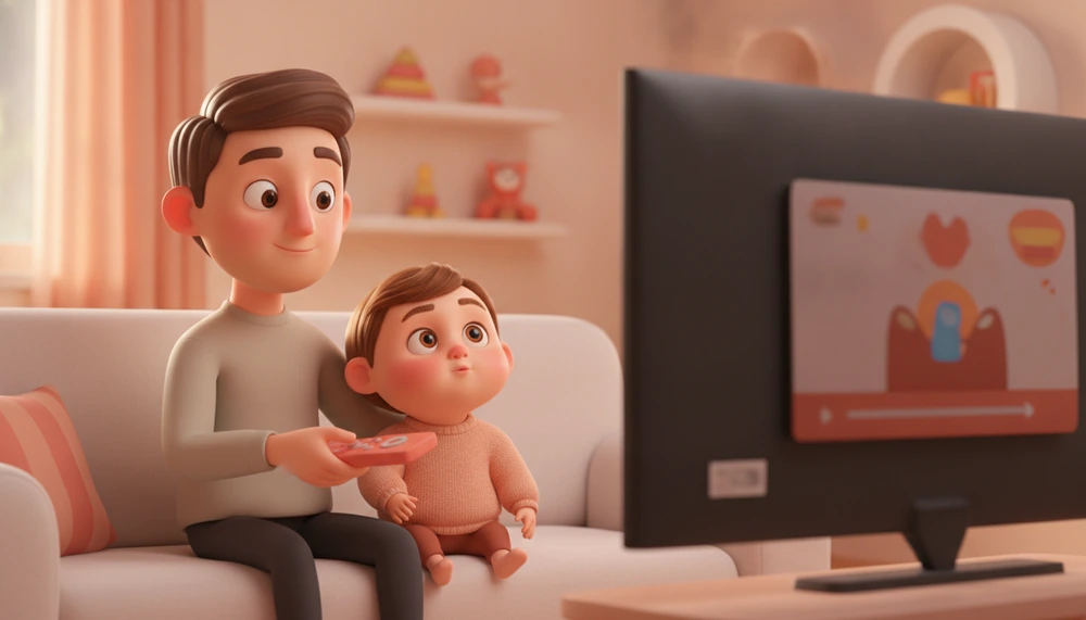 Parent pausing TV to discuss with child.