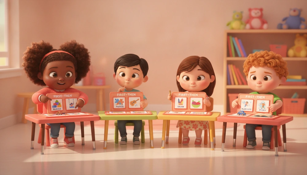 Children in a classroom using first-then boards for various activities.