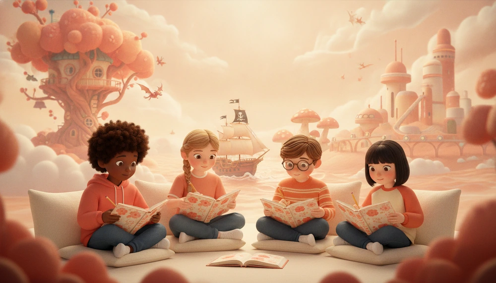 Children aged 9-11 writing stories, surrounded by imaginative scenes.