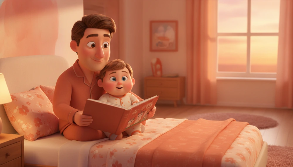 Parent and child during a bedtime check-in with a storybook.