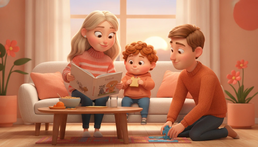 Family with a neurodivergent child enjoying a morning routine together.