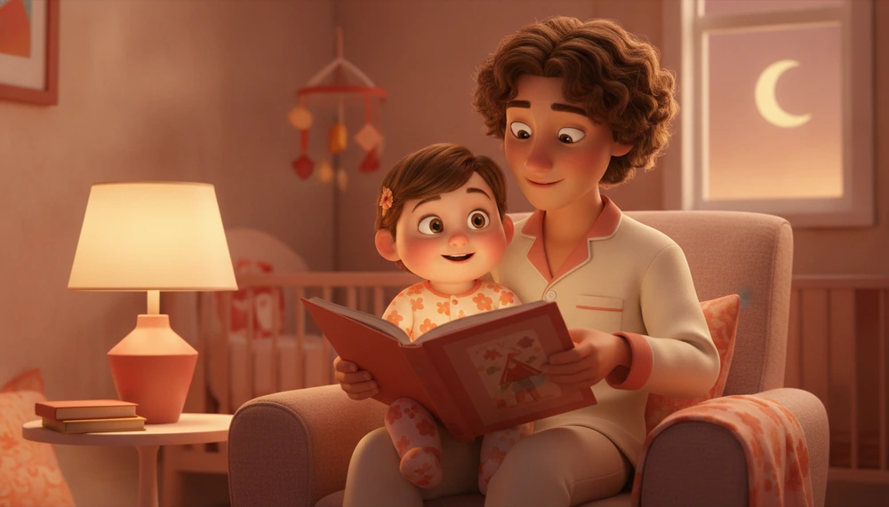 Child reading with parent before bed, in soft lighting.