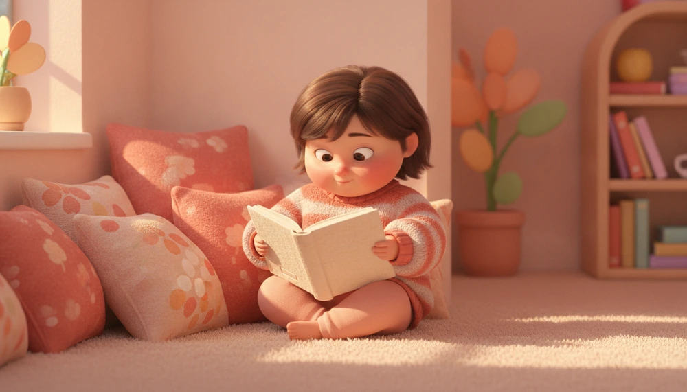 Tween in a cozy corner with a book.