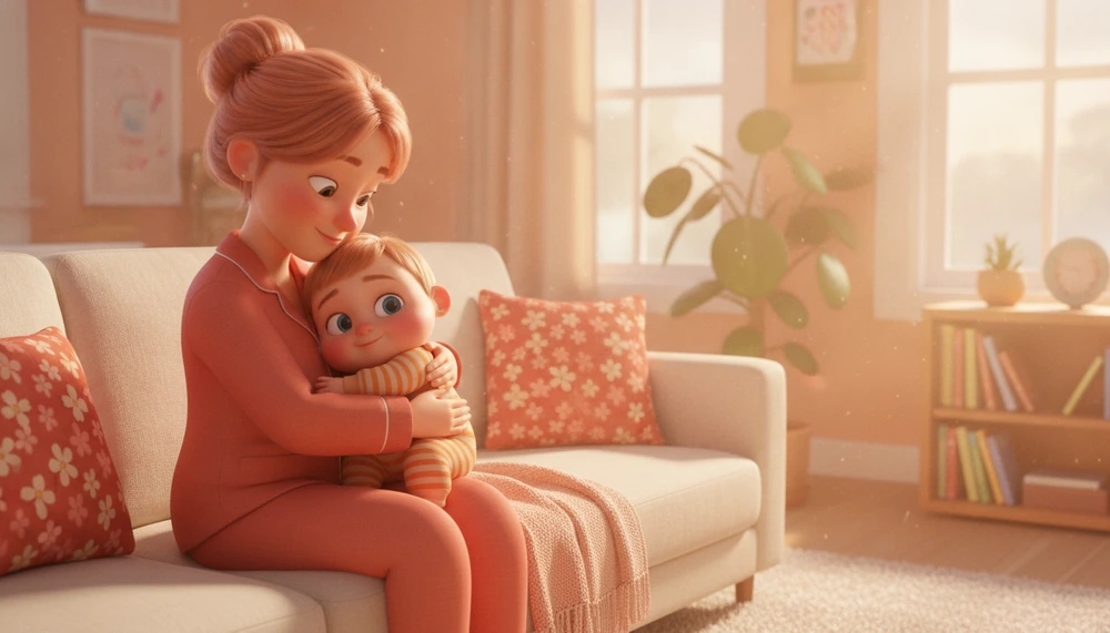 Parent and child sharing a morning cuddle on the couch.