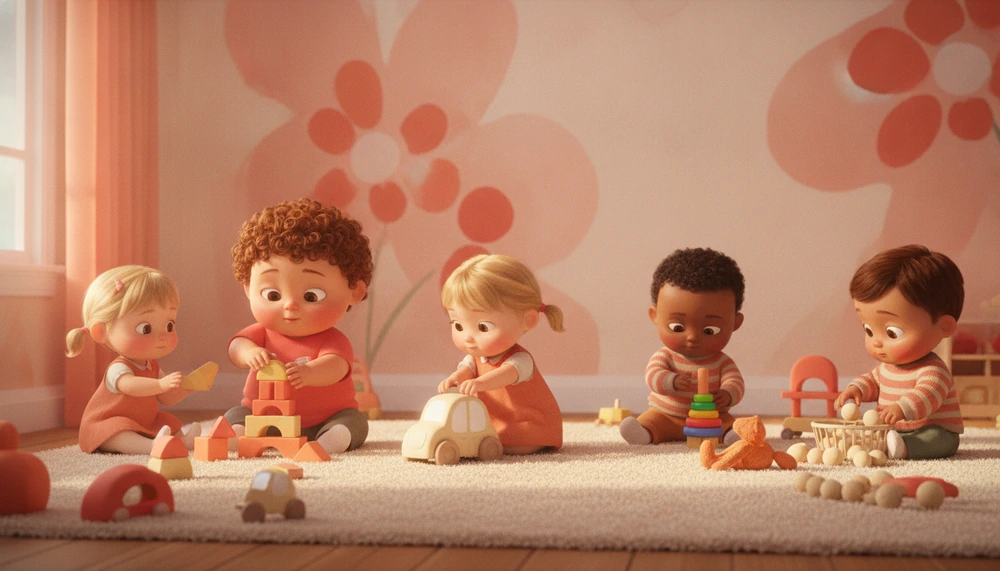 Toddlers engaged in parallel play at daycare.