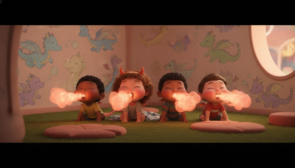 Kids doing dragon breaths with imaginative dragon drawings.