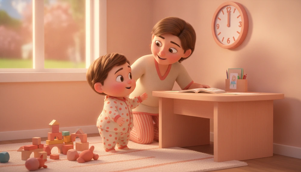 Child transitioning from play to homework with parental guidance.