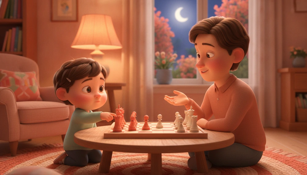 Parent and child playing chess together, in a cozy room.
