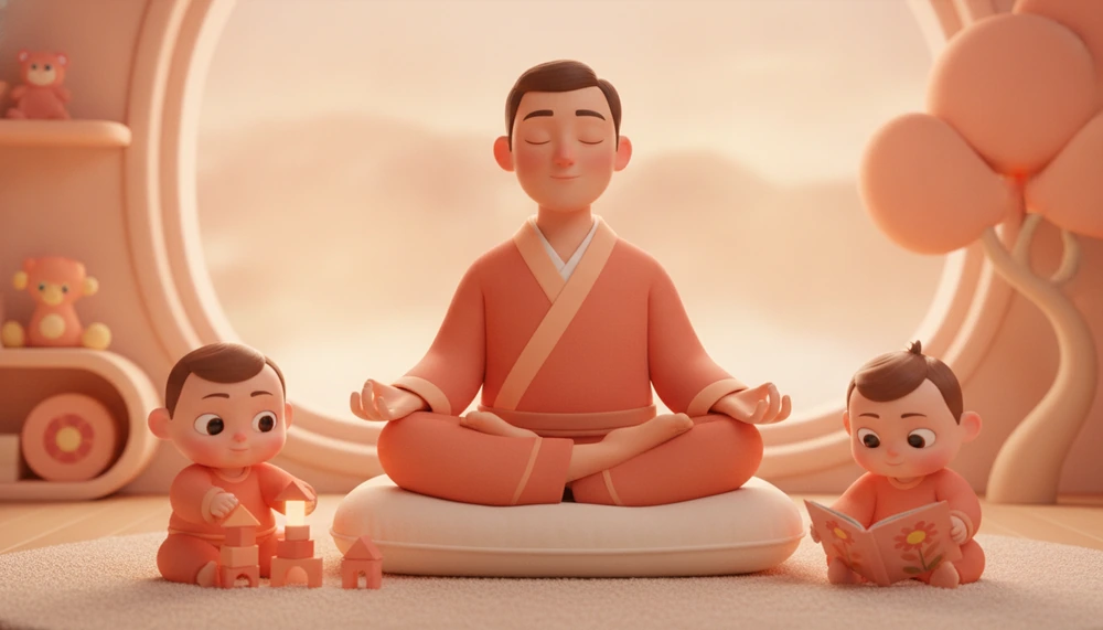 A parent meditating while children play quietly, showing self-regulation.