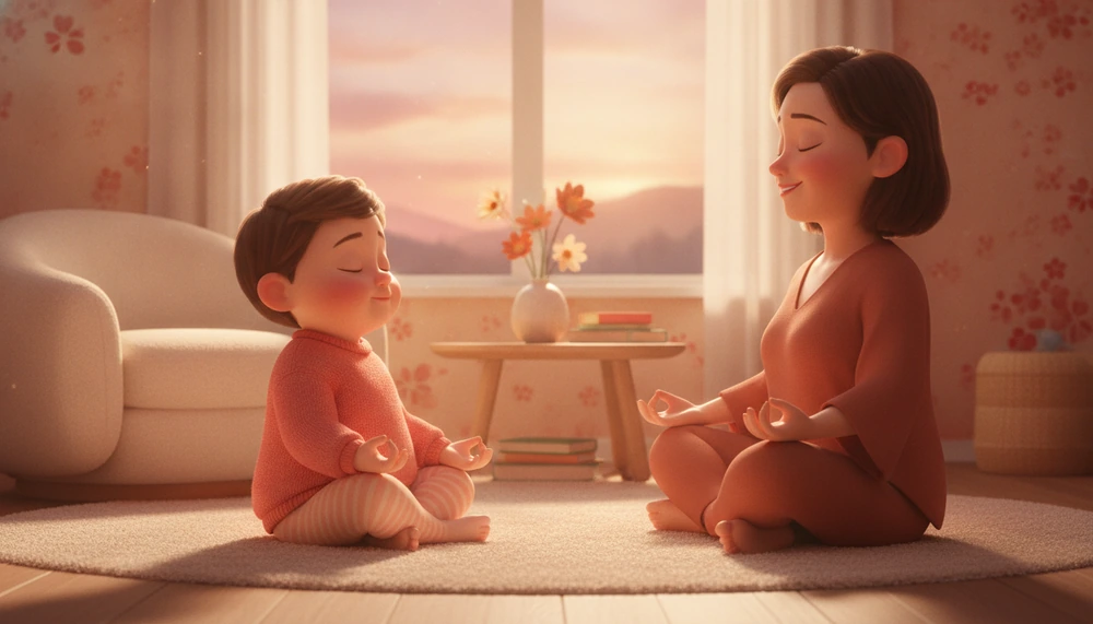 Child and parent practicing mindful breathing together.