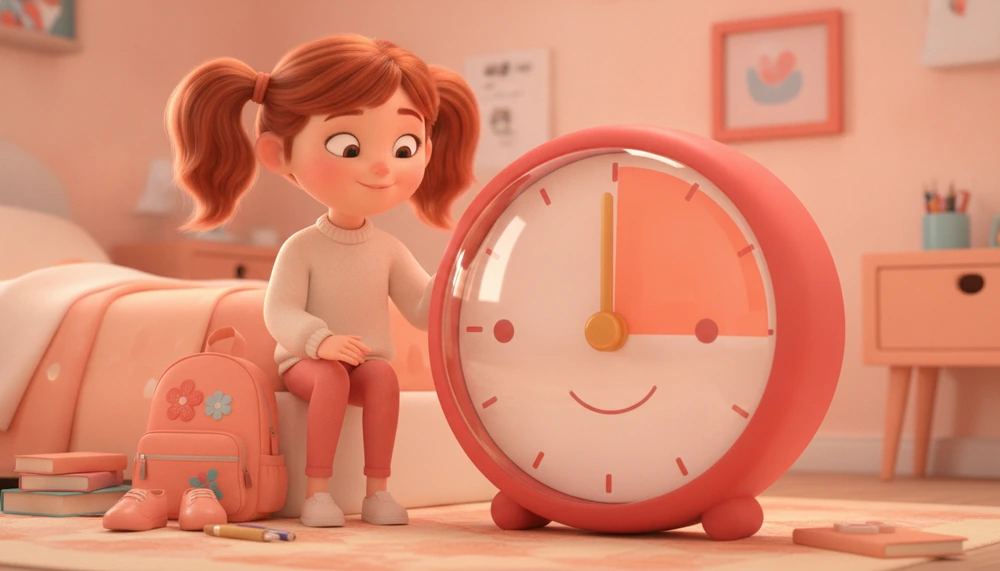 Girl using a red visual timer for school preparation.