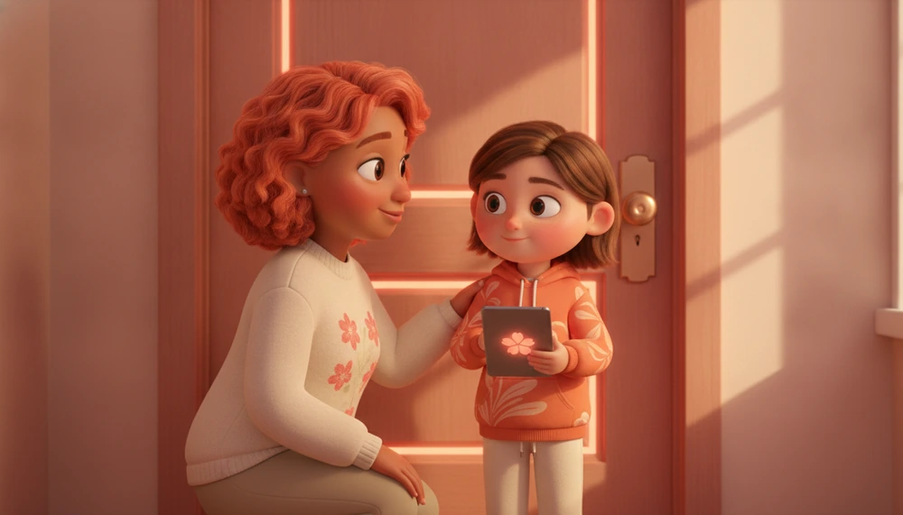 Parent and tween discussing at a closed door.