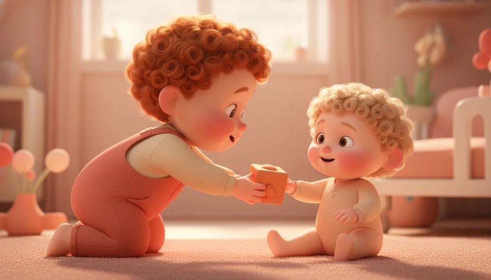 Child offering a toy to a peer, depicting 'one-way assistance'.